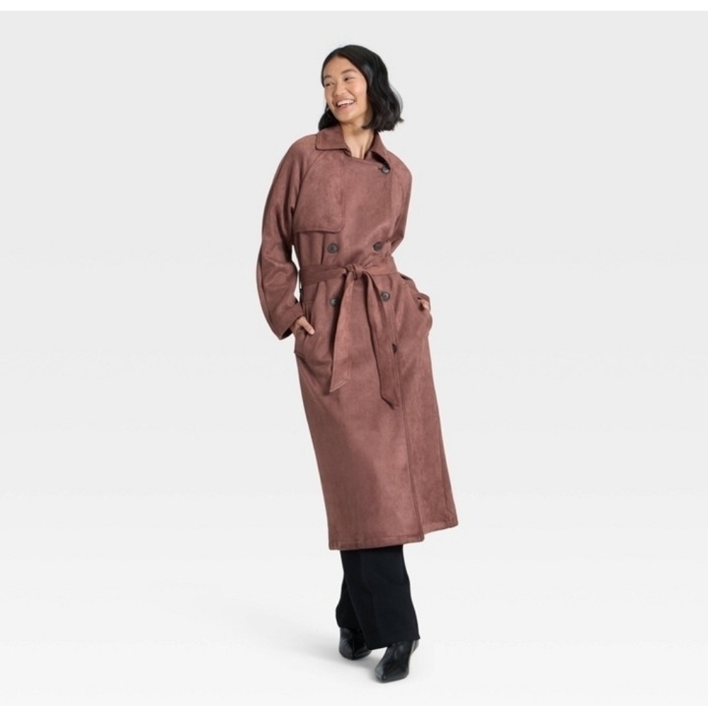 A New Day Women's Faux Suede Trench Coat Brown